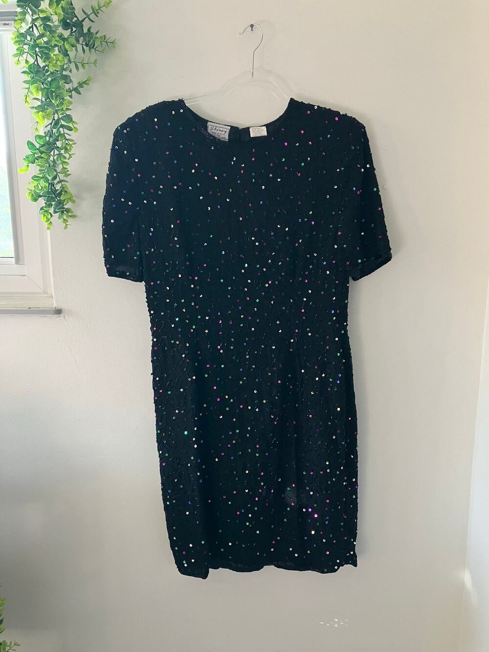 Stenay Vintage 1980s Beaded Confetti Sparkle Silk Black Dress Size 12